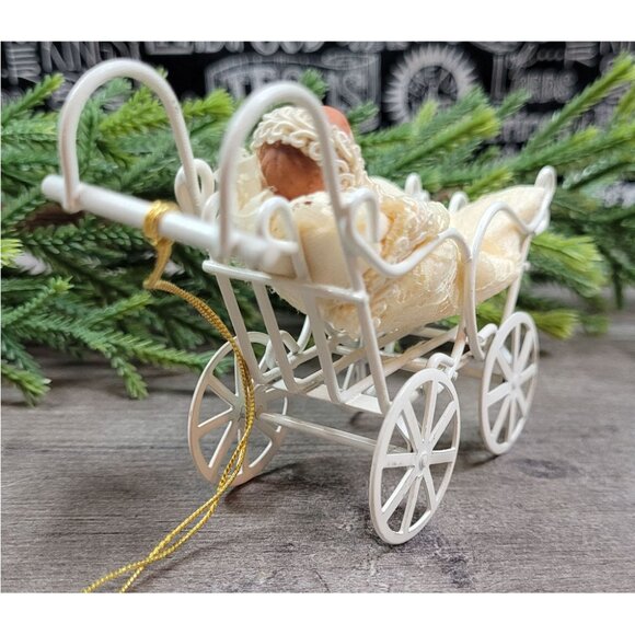 Vintage Dollhouse Bisque Head Baby In Victorian Stroller Christmas Ornament - Picture 4 of 12